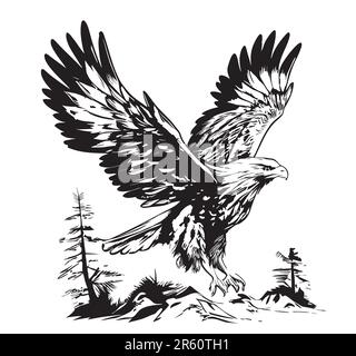 Der Adler fliegt über den Wald und zeichnet von Hand in einer Doodle-Style-Illustration Stock Vektor