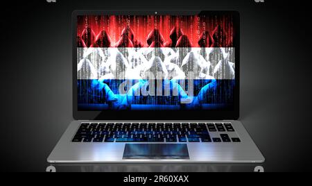 Niederlande – Landesflagge und Hacker auf dem Laptop-Bildschirm – Cyberangriffskonzept Stockfoto