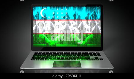 Usbekistan – Landesflagge und Hacker auf dem Laptop-Bildschirm – Cyberangriffskonzept Stockfoto