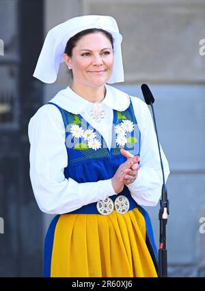 Stockholm, Schweden. 06. Juni 2023. Crown Princess Victoria das Crown Princess Ehepaar eröffnet den Stockholm-Palast am schwedischen Nationalfeiertag, 6. Juni 2023Photo: Karin Törnblom/TT/Code 2377 Kredit: TT News Agency/Alamy Live News Stockfoto