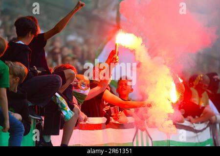 Stockholm, Schweden. 06. Juni 2023. Stockholm, Schweden, Juni 6. 2023: Feuer während des schwedischen Pokalfinales am 6. 2023. Juni zwischen Hammarby IF und BK Hacken in der Tele2 Arena in Stockholm, Schweden (Peter Sonander/SPP) Kredit: SPP Sport Press Photo. Alamy Live News Stockfoto