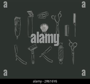 Barbershop Kollektion mit Haarschneider, Trimmer, Klinge, Rasierbürste, Schere, Kamm, gerader Rasierer, Barberstange auf schwarzem Hintergrund Stock Vektor