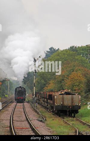 Eine alte Dampflok, die an Güterwagen vorbeifährt. Stockfoto