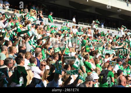 Stockholm, Schweden. 06. Juni 2023. Stockholm, Schweden, Juni 6. 2023: Hammarby-Fans während des Finales des Swedish Cup am 6. 2023. Juni zwischen Hammarby IF und BK Hacken in der Tele2 Arena in Stockholm, Schweden (Peter Sonander/SPP) Guthaben: SPP Sport Press Photo. Alamy Live News Stockfoto