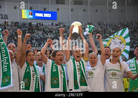 Stockholm, Schweden. 06. Juni 2023. Stockholm, Schweden, Juni 6. 2023: Hammarby feiert mit der Trophäe nach dem schwedischen Pokalfinale am 6. 2023. Juni zwischen Hammarby IF und BK Hacken in der Tele2 Arena in Stockholm, Schweden (Peter Sonander/SPP) Guthaben: SPP Sport Press Photo. Alamy Live News Stockfoto