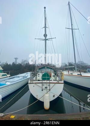 Vertikaler Blick auf die Rückseite eines Segelboots, das an einem nebligen Wintermorgen in einem Yachthafen festgebunden ist. Stockfoto