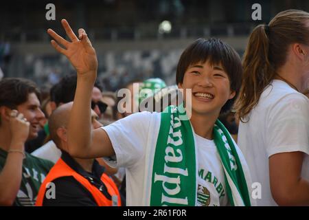 Stockholm, Schweden. 06. Juni 2023. Stockholm, Schweden, Juni 6. 2023: Maika Hamano (14 Hammarby) nach dem Finale des schwedischen Pokals am 6. 2023. Juni zwischen Hammarby IF und BK Hacken in der Tele2 Arena in Stockholm, Schweden (Peter Sonander/SPP) Guthaben: SPP Sport Press Photo. Alamy Live News Stockfoto