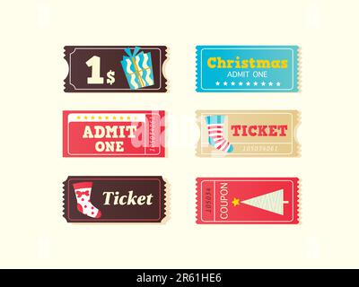 Weihnachtseinkäufe oder Unterhaltung? Nimm meine Tickets! Retro-Vektor-Tickets im Retro-Stil. Stock Vektor