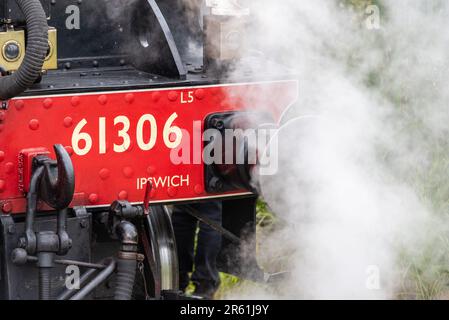 Dampflokomotive LNER B1 Klasse 61306 Mayflower mit einem Ausflug zu Steam Dreams. Puffer, Nummer und Ipswich. Pufferträgerplatte und Kupplungshaken Stockfoto