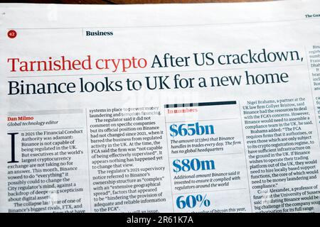 „Tonished Crypto nach dem harten Vorgehen in den USA sucht Binance nach einem neuen Zuhause nach Großbritannien“, Schlagzeile der Zeitung Guardian, Artikel über die US-Kryptowährung, 27. Mai 2023, London UK Stockfoto