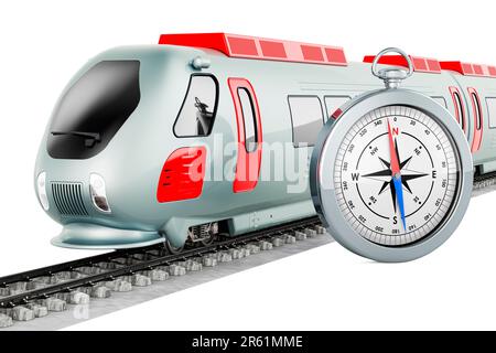 Moderner Hochgeschwindigkeitszug mit Kompass, 3D-Rendering isoliert auf weißem Hintergrund Stockfoto
