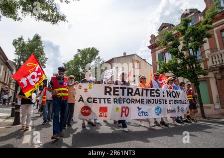 Albi, Frankreich. 06. Juni 2023. Demonstration gegen die Rentenreform in Albi, Frankreich, am 6. Juni 2023. Foto: Arnaud Bertrand/ABACAPRESS.COM Kredit: Abaca Press/Alamy Live News Stockfoto