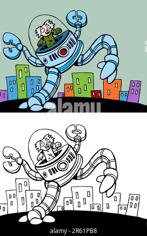 Karikatur eines verrückten Wissenschaftlers, Reiten in ein riesiger Roboter - Farbe und schwarz / weiß-Versionen. Stock Vektor