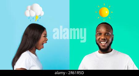 Familienkrise. Collage Mit Afroamerikanischem Paar Mit Unterschiedlicher Stimmung Stockfoto