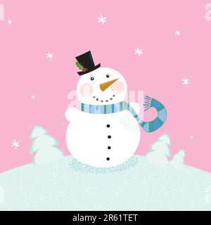 Süßer Schneemann in der schneebedeckten Natur. Vektor-Cartoon-Illustration. Stock Vektor