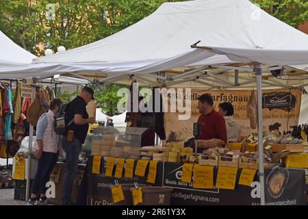 Leute, die auf dem Kunsthandwerksmarkt auf der Piazza Napoleone (Napoleon-Platz), Lucca, Toskana, Italien, 2023. April stöbern Stockfoto