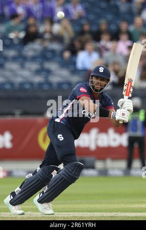 Emilio Gay aus Northamptonshire im Batting während des Vitality T20 Blast-Spiels zwischen dem Durham County Cricket Club und Northamptonshire Steelbacks im Seat Unique Riverside, Chester le Street am Dienstag, den 6. Juni 2023. (Foto: Robert Smith | MI News) Kredit: MI News & Sport /Alamy Live News Stockfoto