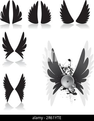 Eine schäbige Komposition mit Lautsprechern, die Musik, Flügel und Spritzer wiedergeben. Stock Vektor