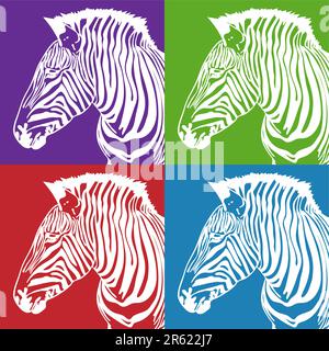 Zebra in weißer Tinte auf vier farbigen Quadraten. Stock Vektor