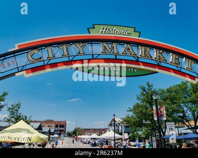 Kansas City, Missouri - 3. Juni 2023: City Market - River Market KC Eingangsschild Stockfoto