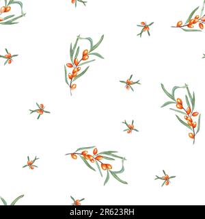 Wasserfarbenes nahtloses Muster eines Seebornzweigs, isoliert auf weißem Hintergrund. Botanische Illustration mit orangefarbenen Beeren für die Zimmereinrichtung, Aufdruck Stockfoto