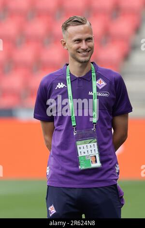 Prag, Tschechien. 06. Juni 2023. Antonin Barak von ACF Fiorentina während der Inspektion des Spielfelds am Tag vor dem Conference League-Finale zwischen ACF Fiorentina und dem FC West Ham United im Eden Arena Stadion in Prag (Tschechien), 06. Juni 2023. Kredit: Insidefoto di andrea staccioli/Alamy Live News Stockfoto