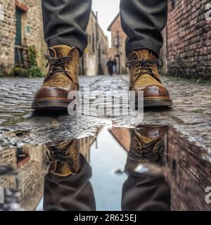 Eine Person tritt in Stiefeln und steht neben einer Wasserpfütze Stockfoto