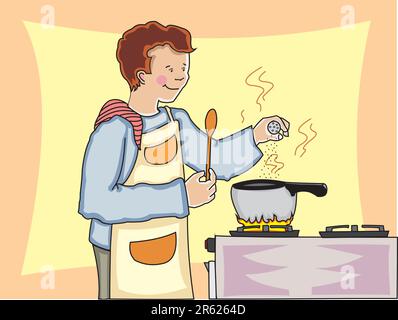 Oung man kocht und fügt Gewürze zu einem heißen Topf auf einem Herd hinzu. In Lagen hergestellt. Bearbeitbar. Stock Vektor