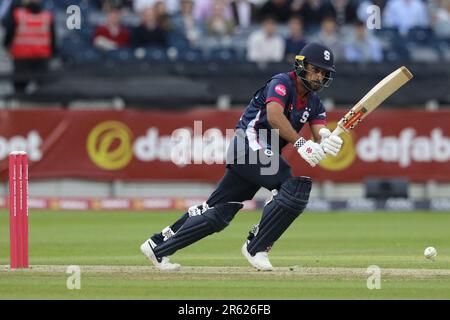 Emilio Gay aus Northamptonshire im Batting während des Vitality T20 Blast-Spiels zwischen dem Durham County Cricket Club und Northamptonshire Steelbacks im Seat Unique Riverside, Chester le Street am Dienstag, den 6. Juni 2023. (Foto: Robert Smith | MI News) Kredit: MI News & Sport /Alamy Live News Stockfoto