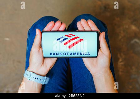 In dieser Abbildung wird das Logo der Bank of America auf einem Smartphone angezeigt. Stockfoto