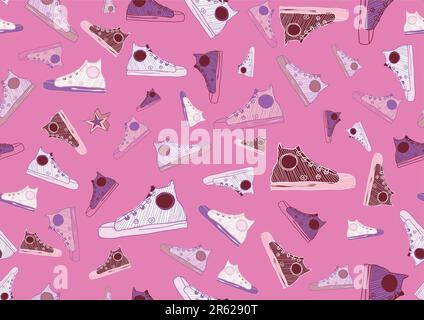 Retro-nahtlose Muster aus coolen handgezeichneten Sportschuhe auf hellen rosa Hintergrund. Vektor-illustration Stock Vektor