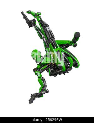 der droid-Soldat fällt und schießt in Aktion und hält eine Pistole, 3D-Abbildung Stockfoto