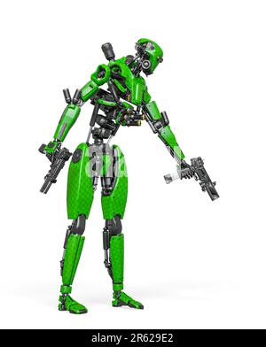 der droid-Soldat schießt in Aktion und hält eine Pistole, 3D-Abbildung Stockfoto