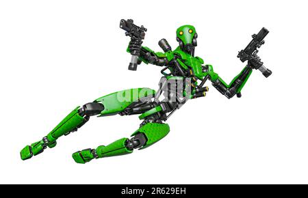 der droid-Soldat schießt in Aktion und hält eine Pistole, 3D-Abbildung Stockfoto