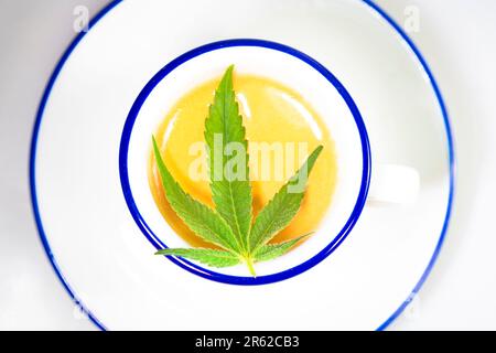 Hellgrünes Marihuana-Blatt auf blauem weißen Becher Stockfoto