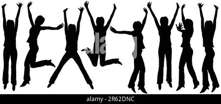 Satz von bearbeitbaren Vector Silhouetten der springende Frau Stock Vektor
