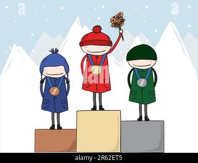 Gold-, Silber- und Bronzemedaillengewinner auf dem Podium bei den olympischen winterspielen Stock Vektor