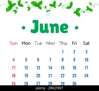 Kalenderblatt Vom 2023. Juni. Kalender 2023 im flachen Stil mit grünen Blättern. Vektordarstellung. Stock Vektor