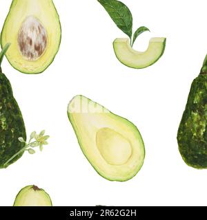 Nahtloses Muster handgezeichneter, realistischer Avocado-Aquarell-Illustrationen. Grüne und frische Kunst aus Salat, Soße, Guacamole, Smoothie. Für Stockfoto