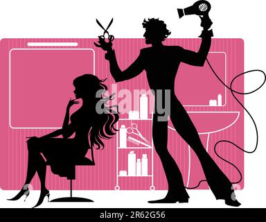 Silhouetttes von Friseur sein Klient im Friseursalon Stock Vektor