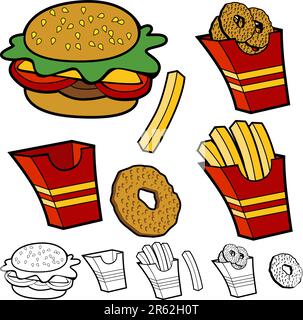 Cartoon Burger Pommes frites Zwiebel Ringe Satz isoliert auf einem weißen Hintergrund. Stock Vektor