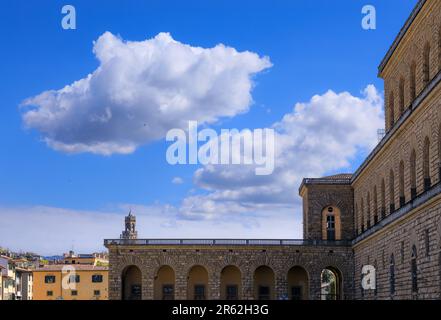 Werfen Sie einen Blick auf den Palazzo Pitti auf der Piazza de' Pitti im historischen Zentrum von Florenz, Italien. Stockfoto