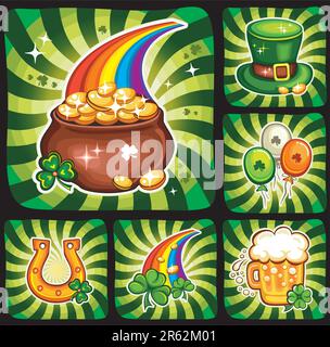 Set enthält St. Patrick's Day Symbole: Bier, Leprechaun-Hut, Ballons, Topf Gold, Regenbogen, Grünes Bier, Hufeisen Stock Vektor