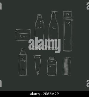 Verpackungsbehälter für Haarkosmetika auf schwarzem Hintergrund Stock Vektor