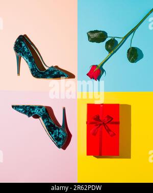 Zeitgenössische minimalistische Kunstcollage. Valentinstag oder Idee vom 8. März. Elegante Damenschuhe, Rosenblume und rote Geschenkbox. Modeblogger, Online-Shop, s Stockfoto