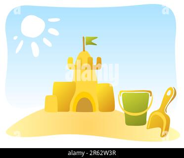 Kunstvoll verzierte Sandburg und Strandspielzeug auf dem Hintergrund des Himmels. Stock Vektor