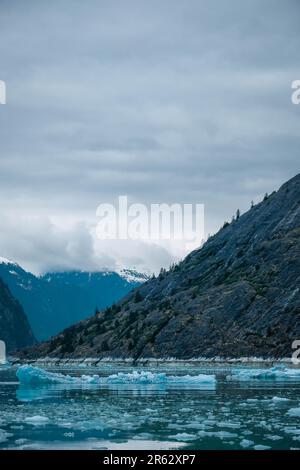 Eisige Schollen und Hügel wünschen niedrige Wolken in Endicott Arm, Alaska Stockfoto