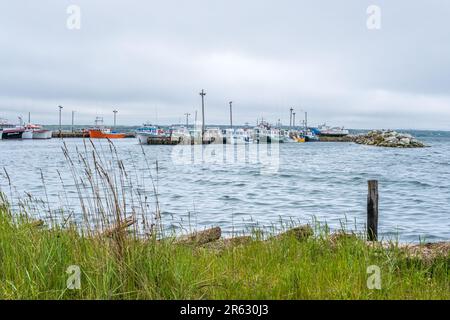 Fischerboote legten an einem düsteren Frühlingstag in Nova Scotia in der Sicherheit von North Sydney Wharf an. Stockfoto