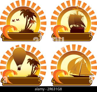 Symbole für Sommerferien: Ballon, Schiff, Insel und Palmen Stock Vektor