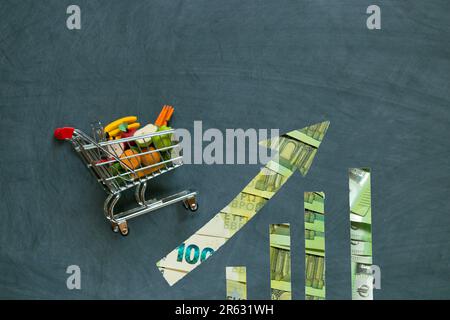 Lebensmittelpreise in Europa. Dekoratives Gemüse und Obst und Euro-Scheine Aufwärtspfeile auf schwarzem Kreidetafel Hintergrund. Einkaufskorbkosten in Europa. Stockfoto